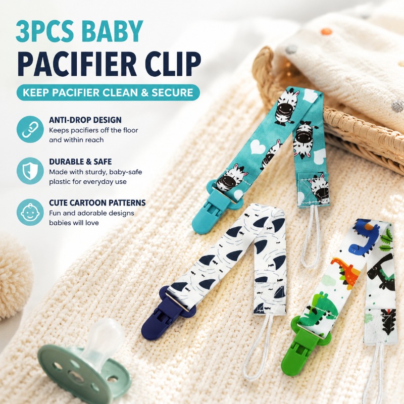 Baby Pacifier Clip - 3-teiliges Baby-Schnullerclip-Set mit Cartoon-Muster, Langlebiger Kunststoff-Schnullerhalter