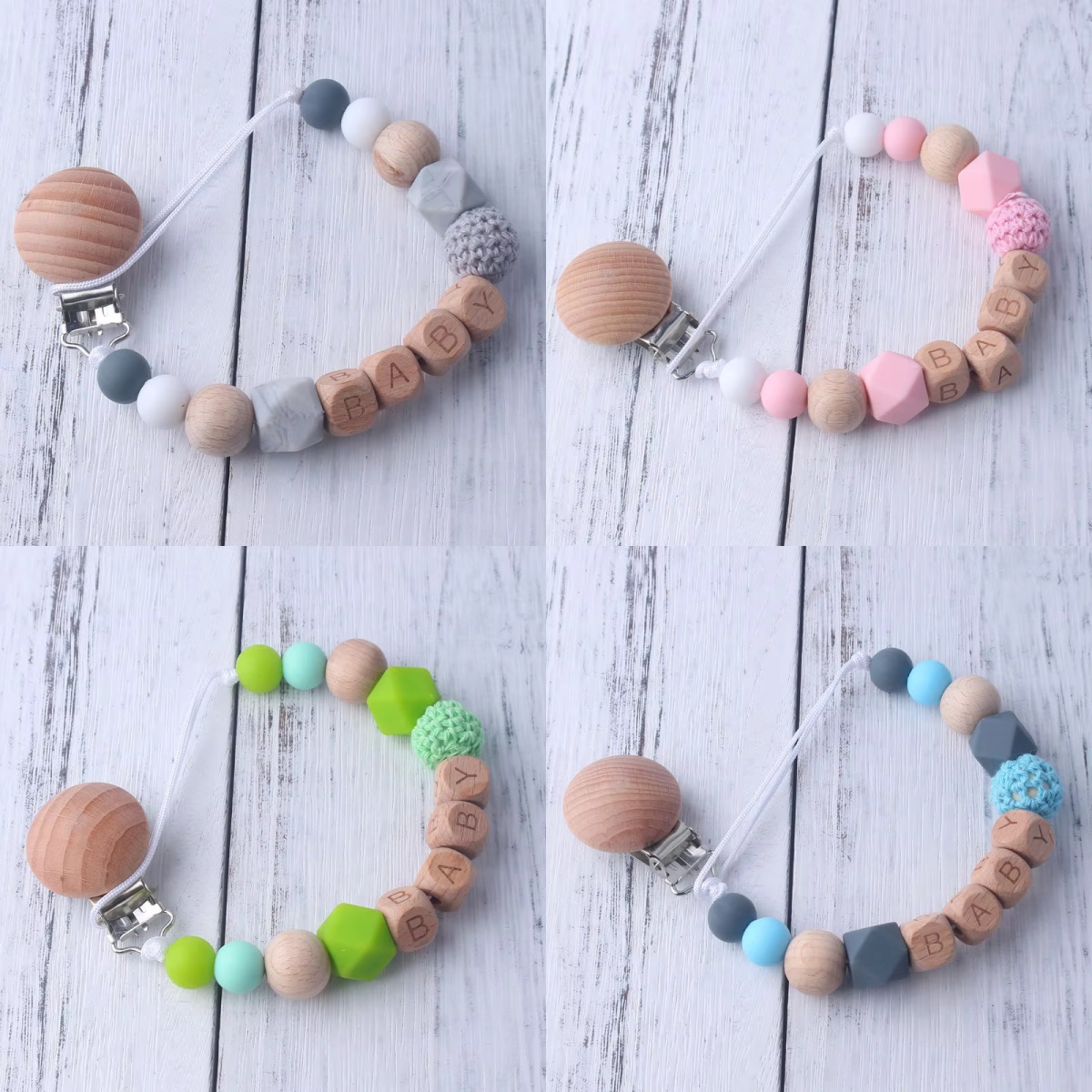 Baby Pacifier Clip - Baby-Schnullerclip mit Holz- und Silikonperlen, personalisierter