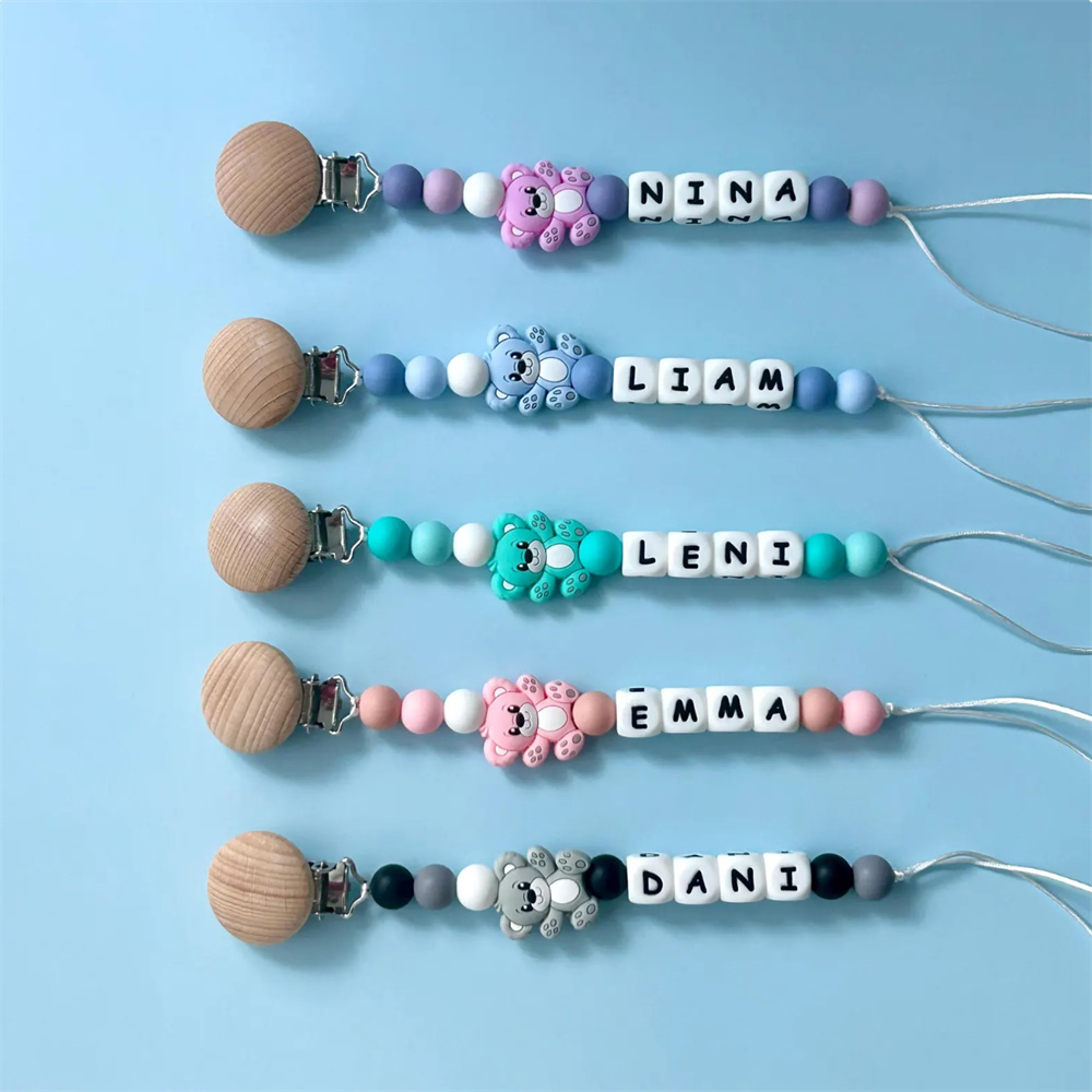 Baby Pacifier Clip - Personalisierte Silikonperlen-Schnullerclips mit Holzclips, niedliche Bärenanhänger,