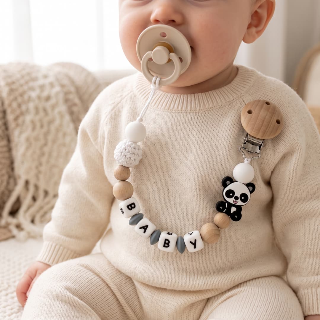Baby Pacifier Clip - Personalisierter Baby-Schnullerclip aus Holz und Silikon,