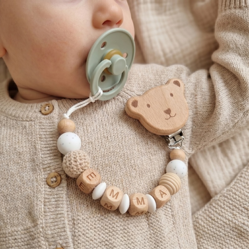 Baby Pacifier Clip - Personalisierter Schnullerclip mit individuellem Namen, Silikon-Holzperlen,